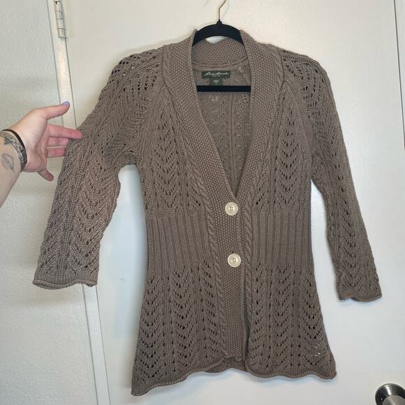 Eddie Bauer Neutral Beige Mushroom Goblin Boho Cottage Minimalist Cardigan sz M - Picture 3 of 8